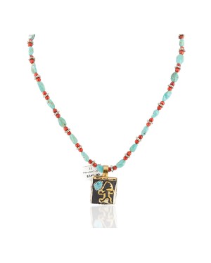 12kt Gold Filled .925 Sterling Silver Handmade Certified Authentic Navajo Natural Turquoise Coral Native American Necklace 740103-17-17019-2