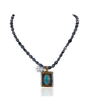 12kt Gold Filled and .925 Sterling Silver Handmade Certified Authentic Navajo Natural Blue Diamond Turquoise and Snowflake Obsidian Native American Necklace 740103-25-10225