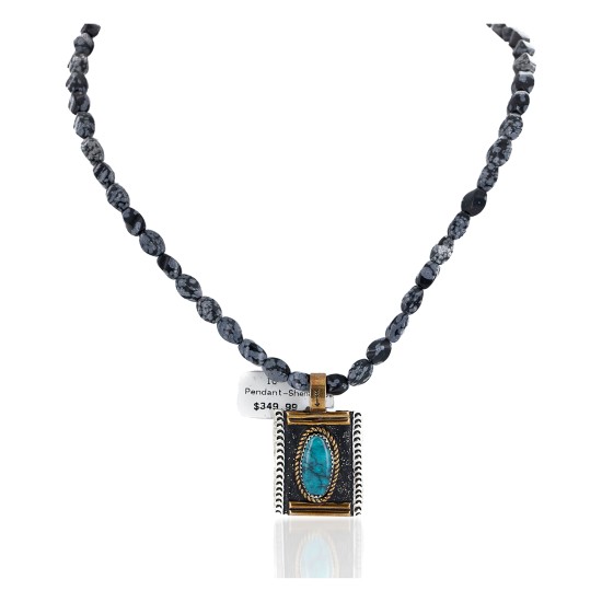 12kt Gold Filled and .925 Sterling Silver Handmade Certified Authentic Navajo Natural Blue Diamond Turquoise and Snowflake Obsidian Native American Necklace 740103-25-10225