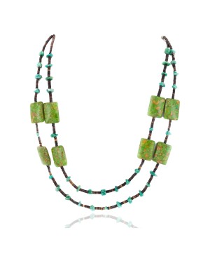 2 Strand .925 Sterling Silver Certified Authentic Navajo Composite Gaspeite Natural Green Agate Native American Necklace 750136-91