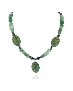 Certified Authentic Navajo .925 Sterling Silver Turquoise Jade Hematite Native American Necklace 750199-10