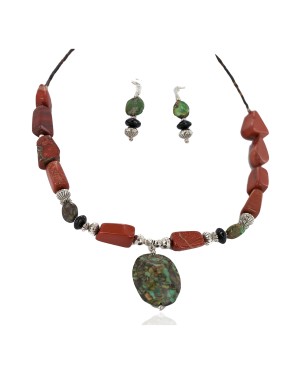.925 Sterling Silver Hooks Certified Authentic Navajo Natural Turquoise Red Jasper Black Onyx Native American Set 750208-2-18251-3