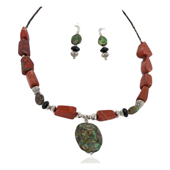 .925 Sterling Silver Hooks Certified Authentic Navajo Natural Turquoise Red Jasper Black Onyx Native American Set 750208-2-18251-3