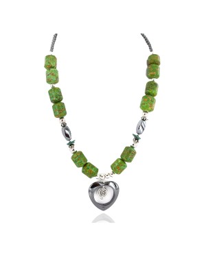 Heart .925 Sterling Silver Certified Authentic Navajo Natural Turquoise Hematite Gaspeite Native American Necklace 750226-4