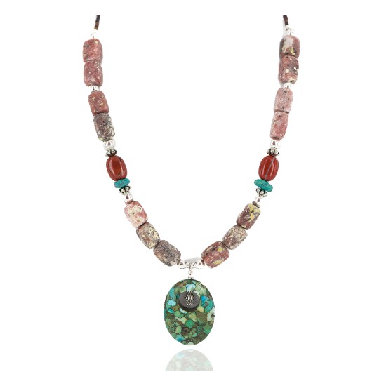 .925 Sterling Silver Certified Authentic Navajo Natural Turquoise Jasper Charoite Native American Necklace 750237-7