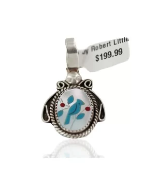 Bird .925 Sterling Silver Navajo Inlaid Coral Natural Mother of Pearl Turquoise Native American Pendant 94002