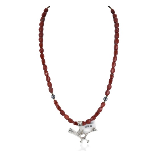 .925 Sterling Silver Roadrunner Handmade Certified Authentic Navajo Natural Jasper and Hematite Native American Necklace 94009-1-16047-6