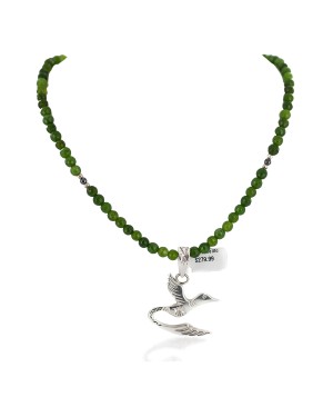 .925 Sterling Silver Hummingbird Handmade Certified Authentic Navajo Natural Jade and Hematite Native American Necklace 94009-4-16076-3
