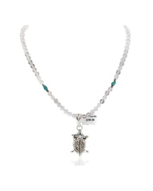 .925 Sterling Silver Horny Toad Handmade Certified Authentic Navajo Natural Quartz and Turquoise Native American Necklace 94010-15901