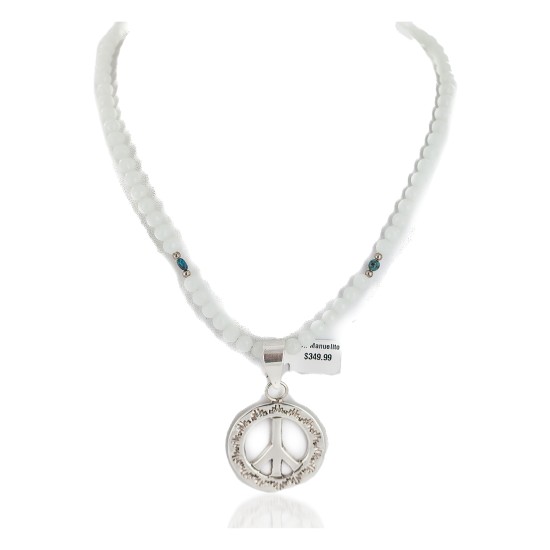 .925 Sterling Silver Peace Handmade Certified Authentic Navajo Natural Turquoise and Quartz Native American Necklace 94011-16076-10