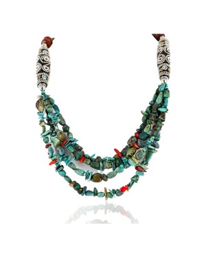 Certified Authentic 4 Strand Navajo .925 Sterling Silver and Turquoise and Coral Native American Necklace 15958