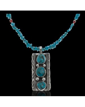 Handmade 3 Stone Certified Authentic Navajo .925 Sterling Silver Turquoise and Coral Native American Necklace & Pendant 390654043860