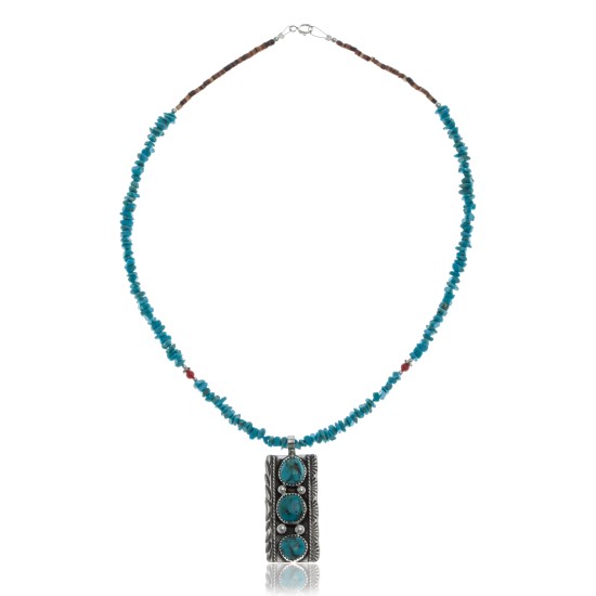 Handmade 3 Stone Certified Authentic Navajo .925 Sterling Silver Turquoise and Coral Native American Necklace & Pendant 390654043860