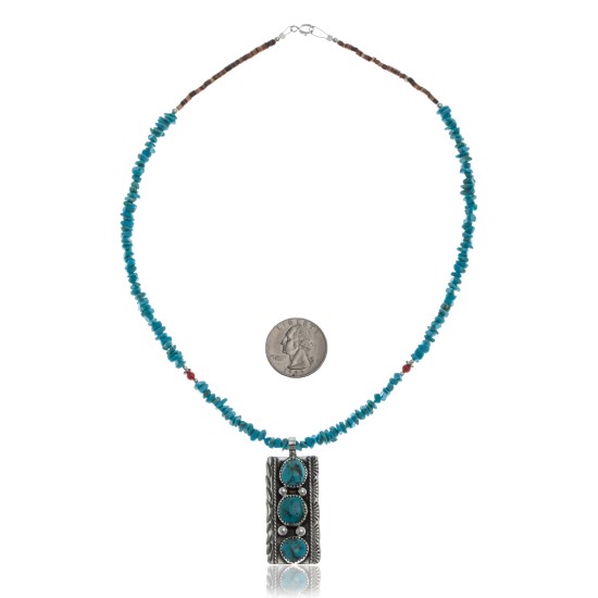 Handmade 3 Stone Certified Authentic Navajo .925 Sterling Silver Turquoise and Coral Native American Necklace & Pendant 390654043860