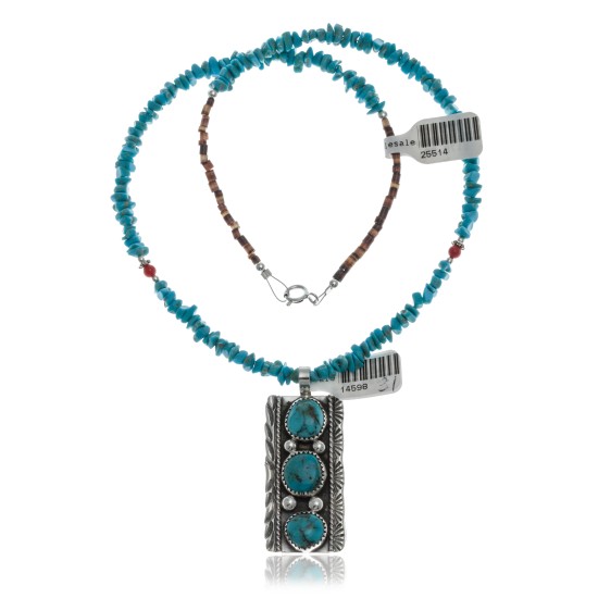 Handmade 3 Stone Certified Authentic Navajo .925 Sterling Silver Turquoise and Coral Native American Necklace & Pendant 390654043860