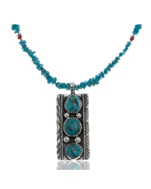 Handmade 3 Stone Certified Authentic Navajo .925 Sterling Silver Turquoise and Coral Native American Necklace & Pendant 390654043860