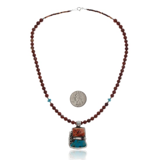Handmade Certified Authentic Navajo .925 Sterling Silver Natural Turquoise, Spiny Oyster and Red Jasper Native American Necklace and Pendant 370829502794