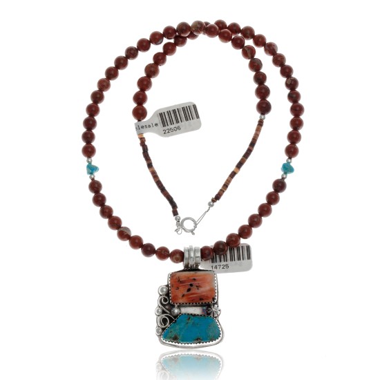 Handmade Certified Authentic Navajo .925 Sterling Silver Natural Turquoise, Spiny Oyster and Red Jasper Native American Necklace and Pendant 370829502794