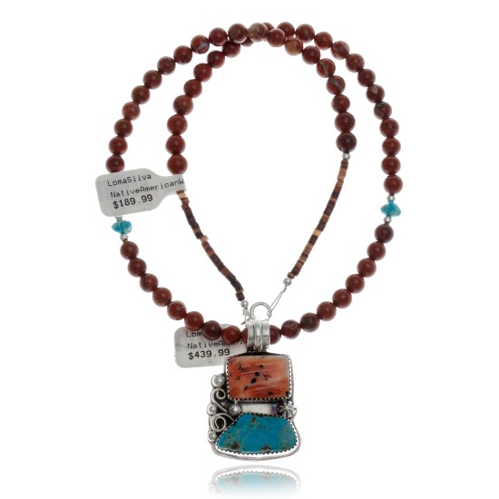 Handmade Certified Authentic Navajo .925 Sterling Silver Natural Turquoise, Spiny Oyster and Red Jasper Native American Necklace and Pendant 370829502794
