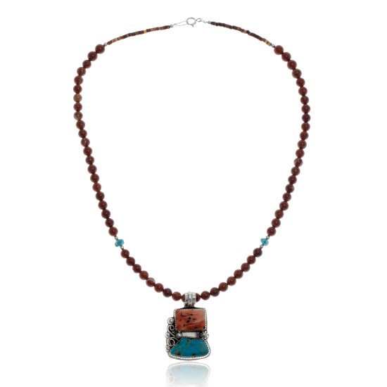 Handmade Certified Authentic Navajo .925 Sterling Silver Natural Turquoise, Spiny Oyster and Red Jasper Native American Necklace and Pendant 370829502794