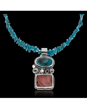 Handmade Certified Authentic Navajo .925 Sterling Silver Spiny Oyster and Natural Turquoise Native American Necklace & Pendant 390619935942