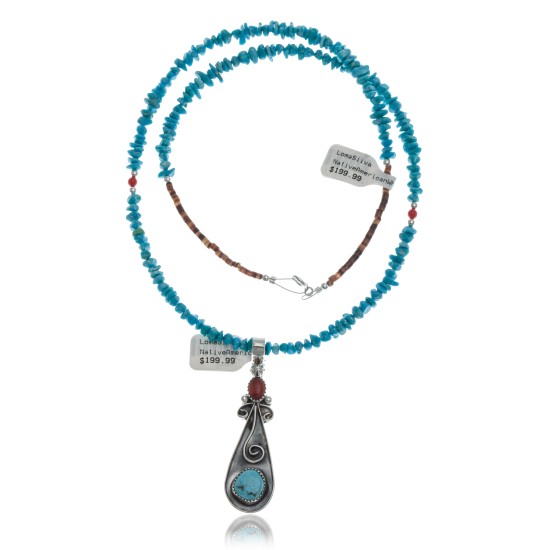 Long Handmade Certified Authentic Navajo .925 Sterling Silver Natural Quartz, Spiny Oyster and Turquoise Native American Necklace and Pendant 371035001948