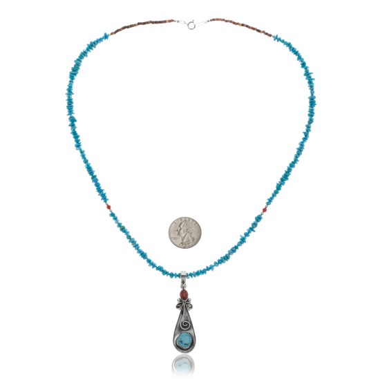 Long Handmade Certified Authentic Navajo .925 Sterling Silver Natural Quartz, Spiny Oyster and Turquoise Native American Necklace and Pendant 371035001948