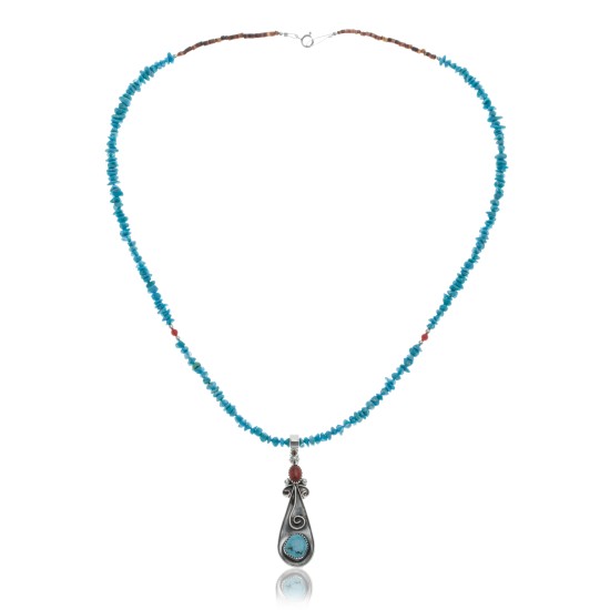 Long Handmade Certified Authentic Navajo .925 Sterling Silver Natural Quartz, Spiny Oyster and Turquoise Native American Necklace and Pendant 371035001948