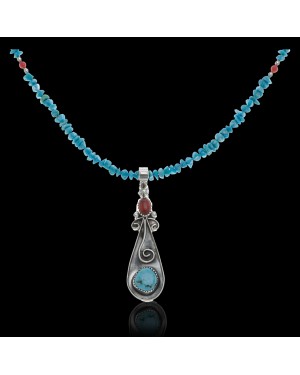 Long Handmade Certified Authentic Navajo .925 Sterling Silver Natural Quartz, Spiny Oyster and Turquoise Native American Necklace and Pendant 371035001948