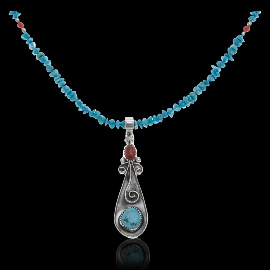 Long Handmade Certified Authentic Navajo .925 Sterling Silver Natural Quartz, Spiny Oyster and Turquoise Native American Necklace and Pendant 371035001948