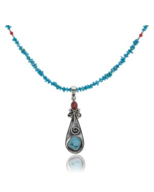 Long Handmade Certified Authentic Navajo .925 Sterling Silver Natural Quartz, Spiny Oyster and Turquoise Native American Necklace and Pendant 371035001948