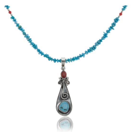 Long Handmade Certified Authentic Navajo .925 Sterling Silver Natural Quartz, Spiny Oyster and Turquoise Native American Necklace and Pendant 371035001948