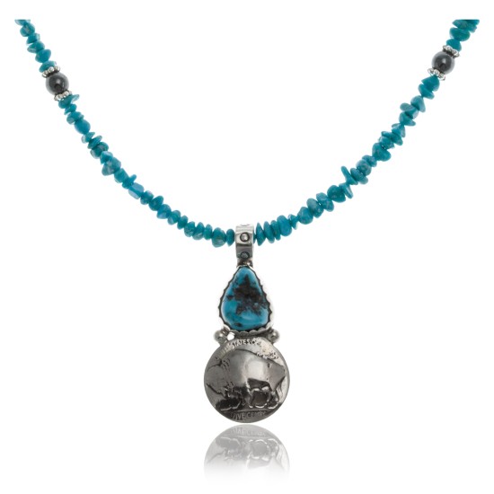 Vintage Style Old Buffalo Coin Certified Authentic Navajo .925 Sterling Silver Turquoise Native American Necklace and Pendant 371071575830
