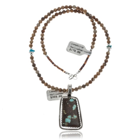 Large Handmade Certified Authentic Navajo .925 Sterling Silver Natural Jasper and Boulder Turquoise Native American Necklace and Pendant 390594947367