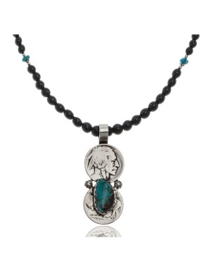 Vintage Style Old Buffalo Coin Certified Authentic Navajo .925 Sterling Silver Genuine Turquoise and Smokey Quartz Native American Necklace and Pendant 370983525279