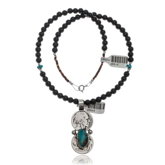 Vintage Style Old Buffalo Coin Certified Authentic Navajo .925 Sterling Silver Genuine Turquoise and Smokey Quartz Native American Necklace and Pendant 370983525279