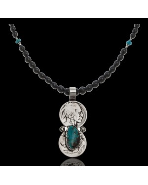 Vintage Style Old Buffalo Coin Certified Authentic Navajo .925 Sterling Silver Genuine Turquoise and Smokey Quartz Native American Necklace and Pendant 370983525279