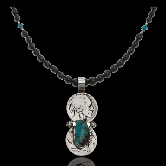 Vintage Style Old Buffalo Coin Certified Authentic Navajo .925 Sterling Silver Genuine Turquoise and Smokey Quartz Native American Necklace and Pendant 370983525279
