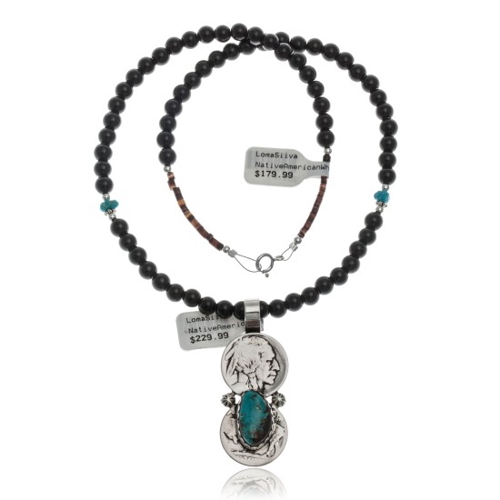 Vintage Style Old Buffalo Coin Certified Authentic Navajo .925 Sterling Silver Genuine Turquoise and Smokey Quartz Native American Necklace and Pendant 370983525279