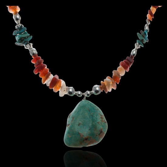 Large Certified Authentic Navajo Native .925 Sterling Silver Turquoise and Carnelian Native American Necklace 370812723044