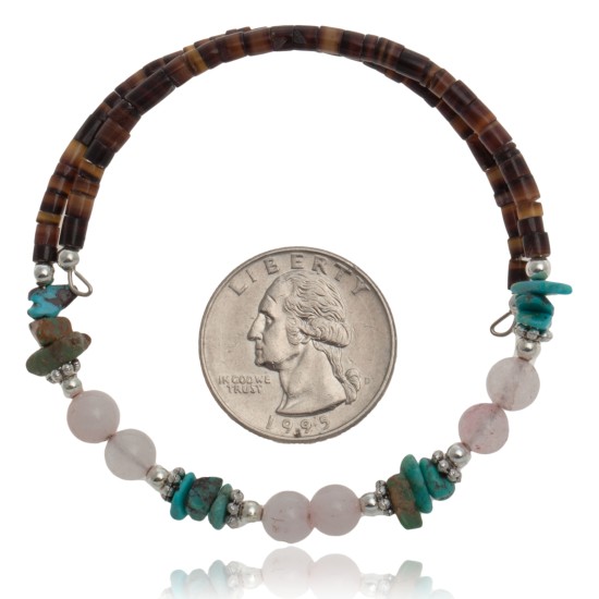 Certified Authentic Navajo Turquoise and Pink Quartz Native American Wrap Bracelet 12733-1