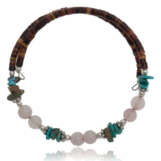 Certified Authentic Navajo Turquoise and Pink Quartz Native American Wrap Bracelet 12733-1