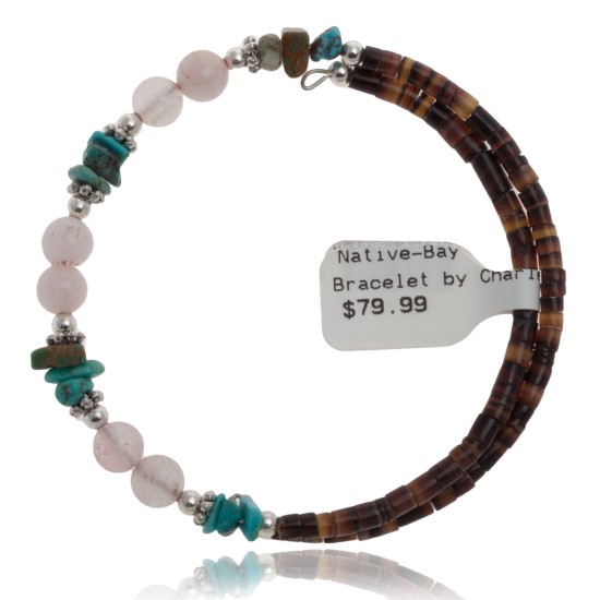 Certified Authentic Navajo Turquoise and Pink Quartz Native American Wrap Bracelet 12733-1