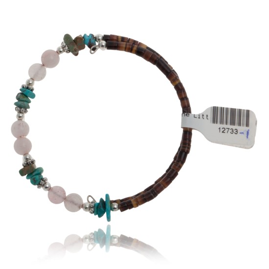 Certified Authentic Navajo Turquoise and Pink Quartz Native American Wrap Bracelet 12733-1