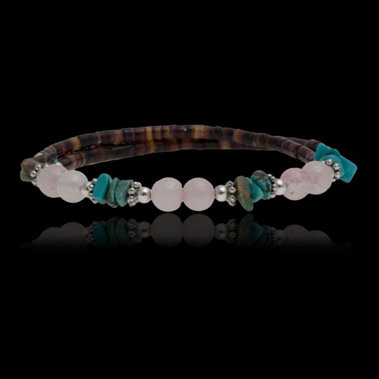 Certified Authentic Navajo Turquoise and Pink Quartz Native American Wrap Bracelet 12733-1