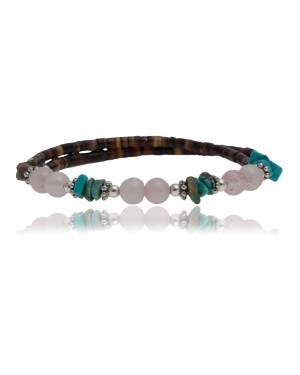 Certified Authentic Navajo Turquoise and Pink Quartz Native American Wrap Bracelet 12733-1
