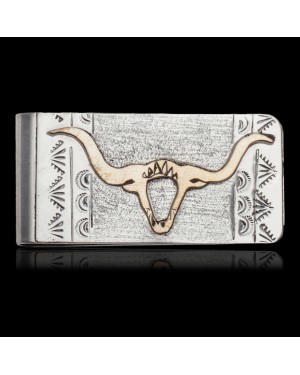 12kt Gold Filled and .925 Sterling Silver Bull Skull Handmade Certified Authentic Navajo Native American Money Clip  11251