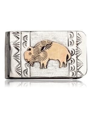 12kt Gold Filled and .925 Sterling Silver Buffalo and Mountain Handmade Certified Authentic Navajo Native American Money Clip 11259-2