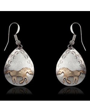 12kt Gold Filled and .925 Sterling Silver Horse and Mountain Handmade Certified Authentic Navajo Dangle Native American Earrings 24465