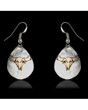 12kt Gold Filled and .925 Sterling Silver Bull Skull and Sun Handmade Certified Authentic Navajo Native American Dangle Earrings 24468
